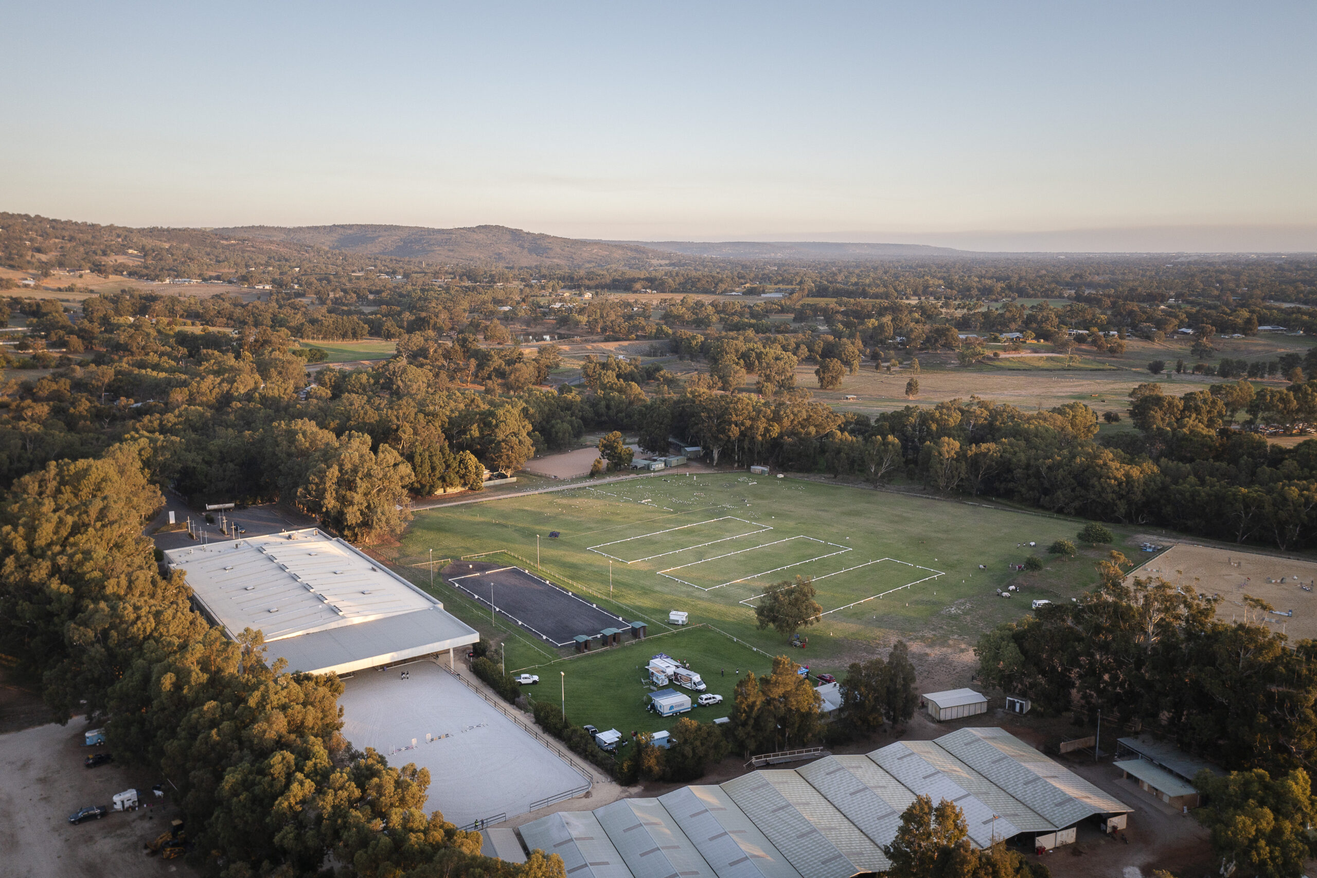 Aerial view of the State Equestrian Centre WA showing arenas, fields, stables and venue facilities