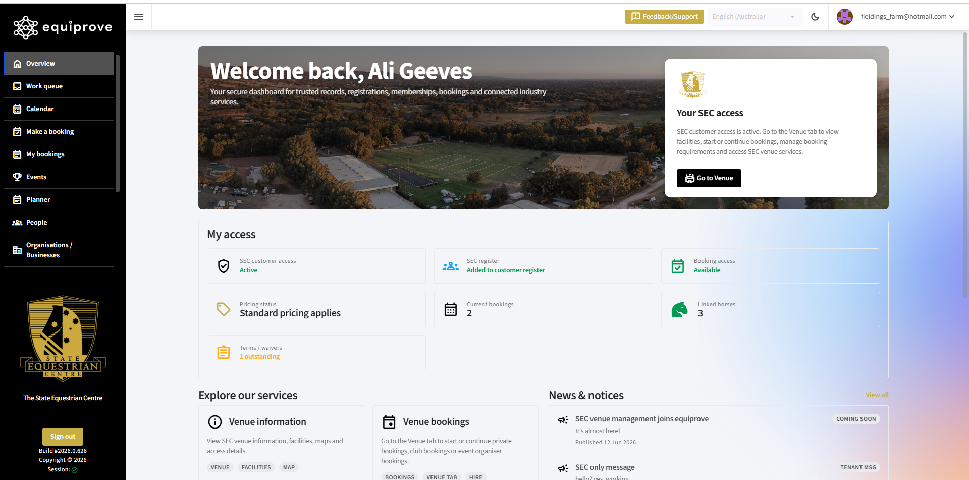 equiprove State Equestrian Centre customer dashboard showing venue access, bookings, linked horses and services